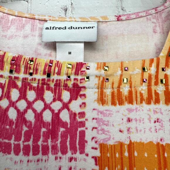 Alfred Dunner Wms Med Pink Orange Rectangle Print Square Neck Embellished Top - Picture 4 of 9